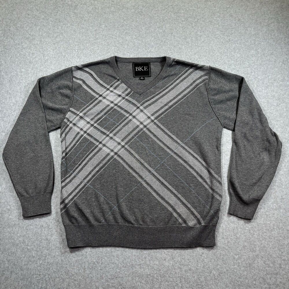BKE Sweater Mens XL Gray Argyle Geometric Elastic Waist Cotton Pullover